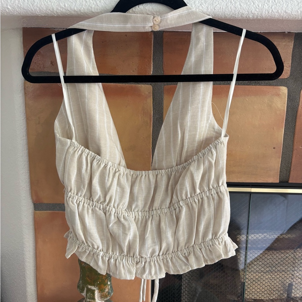 One clothing Beige striped Halter Ruched Waist Crop Top with ope tie details - Picture 4 of 4